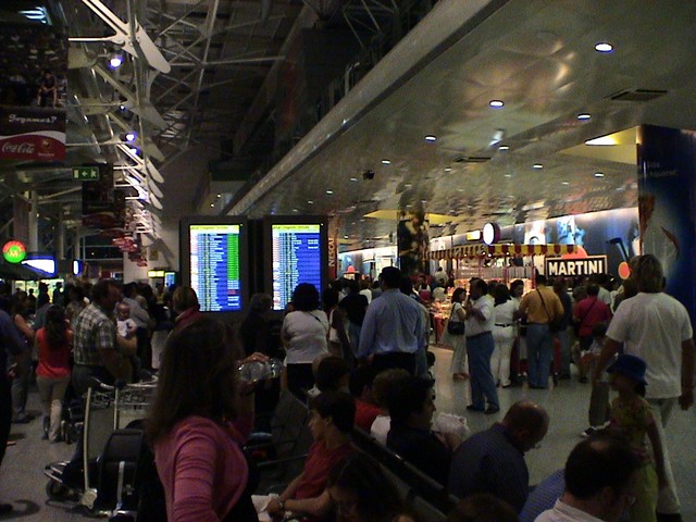Arriving in Lisbon�s international airport in the middle of the Euro cup madness.  You can�t see the scalpers, but they were there.  For those who were wondering, Portugal ultimately suffered a heart-breaking loss to Greece in the final round.  (6/26/04)