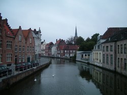 Bruge, Belgium is a former medieval metropolis that was frozen in time when the waterway that connected it to the Flanders seaside silted up in the late fifteenth and early sixteenth century - this caused an exodus of the population that at the time had exceeded London.  It was nice walking around the city in the early morning when the streets were empty and the canals were calm enough to reflect the buildings.  You can see two swans making their way down the canal.  The city is exceptionally well preserved, and unlike other medieval towns filled with crumblies, Bruge is full of intact buildings that appear freshly built.  I bought a museum pass, and feeling the need to maximize the value of the ticket, made the mistake of running through four musuems in one day.  My favorite was a wealthy merchant's house adjoining an enormous cathedral.  One of the mansion's higher level rooms had a window that actually connected to the interior of the cathedral and looked down from a height into the cavernous cathedral - the family could attend church services in the privacy of their home while the kids played or what have you.  The museum collections and exhibits were generally rather small, but still I think I am burnt on museums for the time being.  (9/07/04)