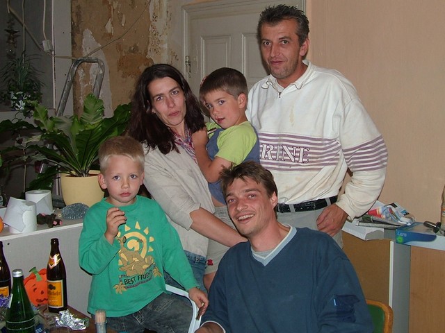 In the tiny village of Oberslingen I asked Ralf (pictured in the blue sweater, bottom right), who was purchasing cigarrettes from the street vending machine near the fork in the highway, if the road I was on led to Zierenberg.  He himself was visiting from Stuttgart, but told me that the people he was visiting would know.  Next thing I knew, I was drinking Hefeweizen and downing delicious dumplings and sauerkraut with the generous and hospitable folks in the house pictured above.  They were in the process of doing a complete renovation of the place when I arrived.  Ralf was very gregarious, and would refill my glass anytime it was running a bit low, and had lots of interesting and funny things to say.  David, the blond kid, was in his first year of school and already writing.  Everyone was supernice and thought my trip was a little crazy.  I peddled away feeling great, the sun was out and sparkling, and a brave new world awaited me.  (9/23/04)