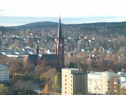 The ride to Sundsvall was great because: (1) the sun was out and shining, (2) I rode on the Swedish national motorway without getting squashed, and (3) I made a lot of distance during the day.  In the evening darkness when I was making my approach to the city from the hills and saw the city sparkling in the inlet below it looked a lot larger than I had expected.  It was my fourth straight day of riding north from Stockholm, and when I found out that an elite league hockey game was scheduled for the next evening I decided to stay for an extra day.  The hostel accomodations were rather choice, which also factored into the decision to stay.  This is a view of the city from the surrounding hills.  (11-2-04)