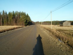 This is pretty far north, just south of Skelleftea, Sweden.  At this latitude and this time of the year, the sun never gets more than a couple of inches above the horizon, so that you get really long sunrises and really long sunsets, and even midday you cast superlong shadows - as pictured here.  This dirt road was far superior to the roads described in the previous entry, and was actually represented as a national highway on the map.  (11-7-04)