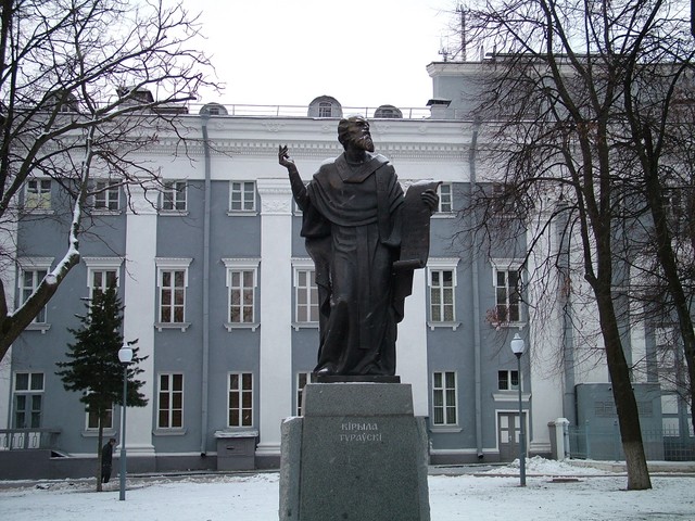 Belarus was not all Soviet monumentalism, and here is a nice example of some neo-classical architechture in Homel that surprised me as I was preparing to cycle south to Ukraine.  Leaving Belarus took almost as long as it did to get in, and I was a little bit worried when the border guard made me count all of my U.S. hard currency in front of him, but everything went off without a hitch, and with the red exit stamp drying on the cashed Belarus visa I cycled through the snow onward to the Ukrainian post.  (12-22-04)
