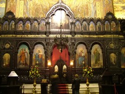 Bulgarian churches were full of iconography, mosaics and wooden ornamentation that was pretty elaborate.  This was from the cathedral in Varna.  (1-18-05)