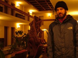 In Varna I stayed at the cheapest hotel in town, which obviously had not redecorated since the early 70's-thereby making the hotel unintentionally retro cool.  It was actually pretty nice.  Check out the two-level inner courtyard with skylight, brown swirl carpet, and the wooden sculpture that was no doubt the result of some hallucinatory vision.  I also happen to be modelling the new watchcap knit by mom - a true masterpiece of craftsmanship!  (1-18-05)