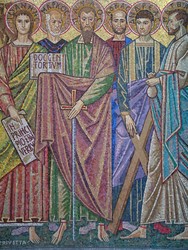 It was exciting to go over to the south side of the Green Line where there is a Greek flavor to everything, including the street signs that are in the Greek alphabet, and where I got to use a new currency, the expensive Cyprus Pound.  This is an exterior mosaic from an orthodox church pretty close to the Green Line.  (3/4/05)