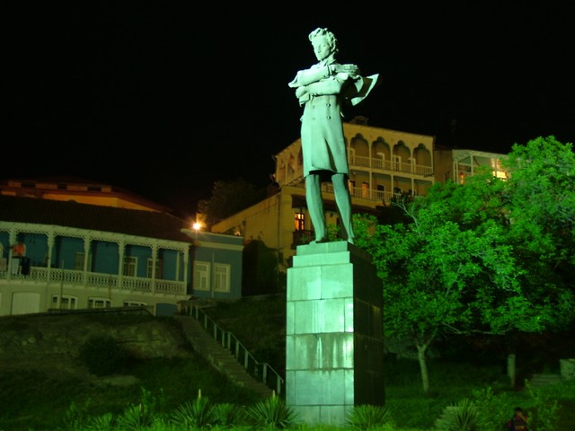 Green is my favorite color, so I like this photograph.  There are lots of statues around the capital, including the Kartlis Deda, a giant wine-and-sword bearing woman that prominently marks the Tbilisi skyline.  This more modest statue was very close to the guesthouse where I stayed in Tbilisi, which was also close to the Mktvari River.  (5-11-05)